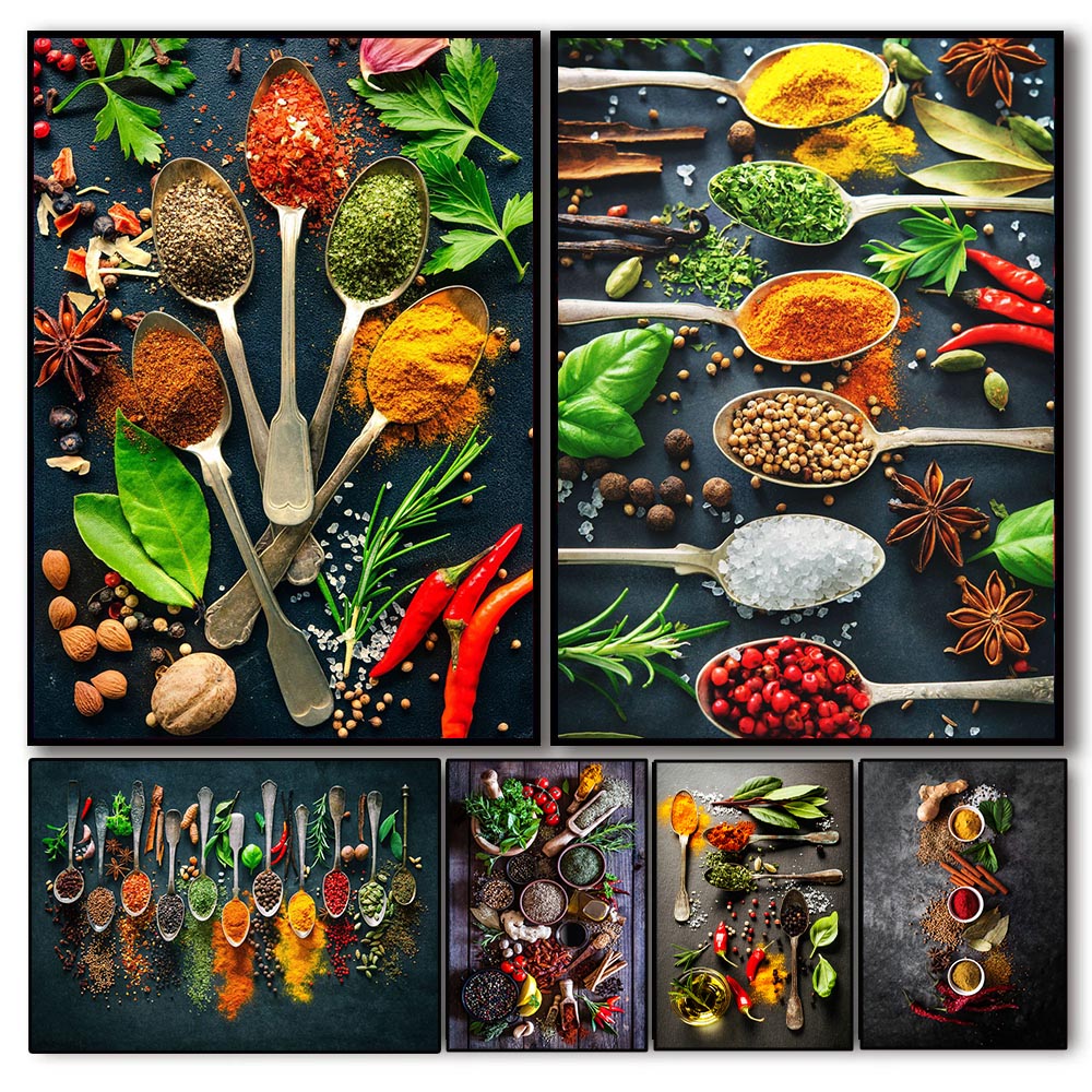 Home Cooking Oil - ハーブスパイス料理キャンバス絵画 北欧風ホームデコレーション レストランポスター＆プリント キッチンウォールアート ダイニングルーム壁画