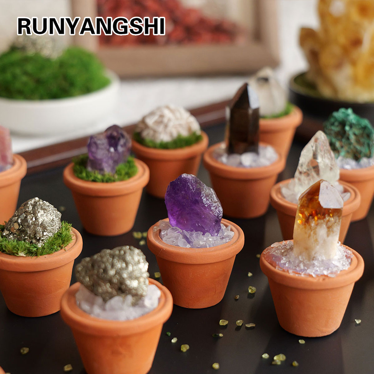 Tagine Clay Pot - 1pc 天然クリスタル石ミニ粘土ポットベースアメジストクォーツヒーリング宝石鉢植えスタイル工芸品風水家の装飾