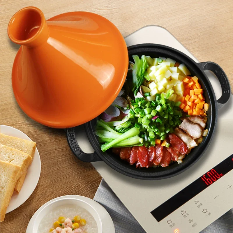 Tagine Clay Pot - 26cm モロッコ製鋳鉄鍋 高級エナメル粘土ライス タジン鍋 素早く調理できるエキゾチックな調理器具 本格的なモロッコ料理用